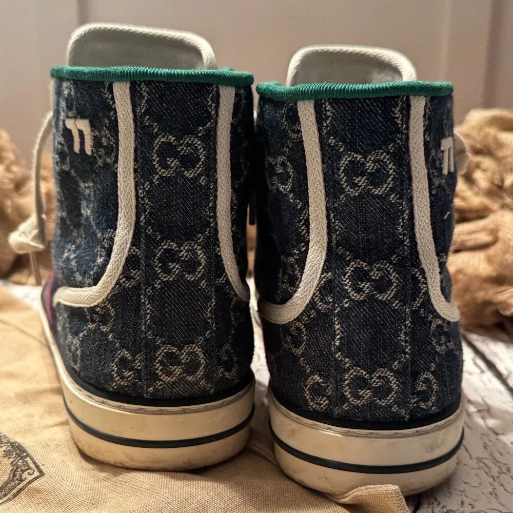 Men's Gucci High Top Denim Sneakers Monogram Blue Cream 8 - Picture 5 of 8
